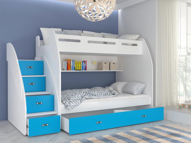 Łóżko piętrowe ze schodami szufladami biało niebieskie ROKO