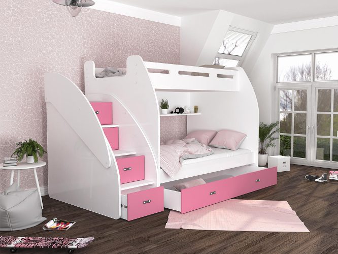 Łóżko piętrowe ze schodami biało różowe aranżacja ROKO