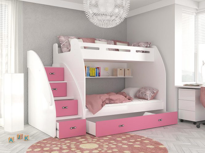 Łóżko piętrowe ze schodami biało różowe aranż ROKO