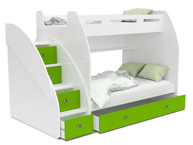 Łóżko piętrowe ze schodami biało zielone ikonka ROKO