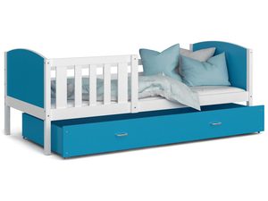 Miniaturka 1 - Dziecięce łóżko z pojemnikiem na pościel i materacem niebiesko-białe SONIO P