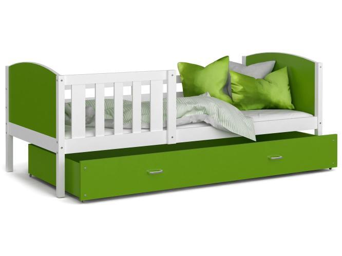 Dziecięce łóżko z pojemnikiem na pościel i materacem zielono-białe SONIO P
