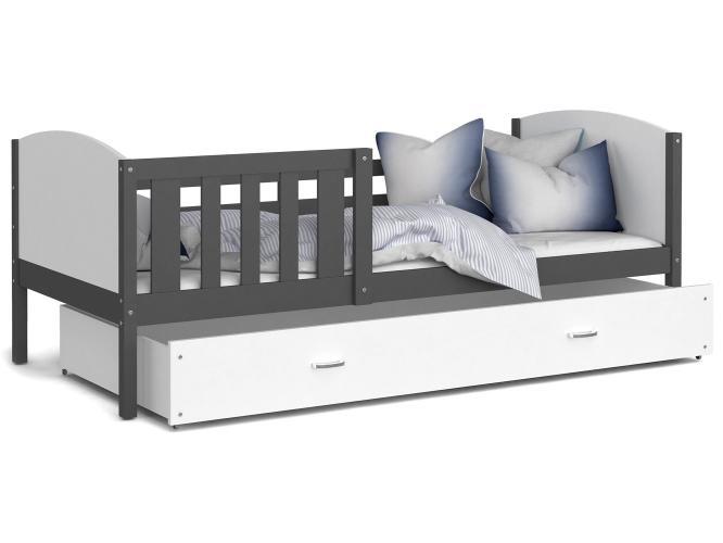 Dziecięce łóżko z pojemnikiem na pościel i materacem biało-szare SONIO P