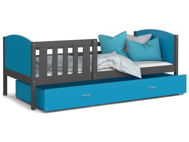 Dziecięce łóżko z pojemnikiem na pościel i materacem niebiesko-szare SONIO P