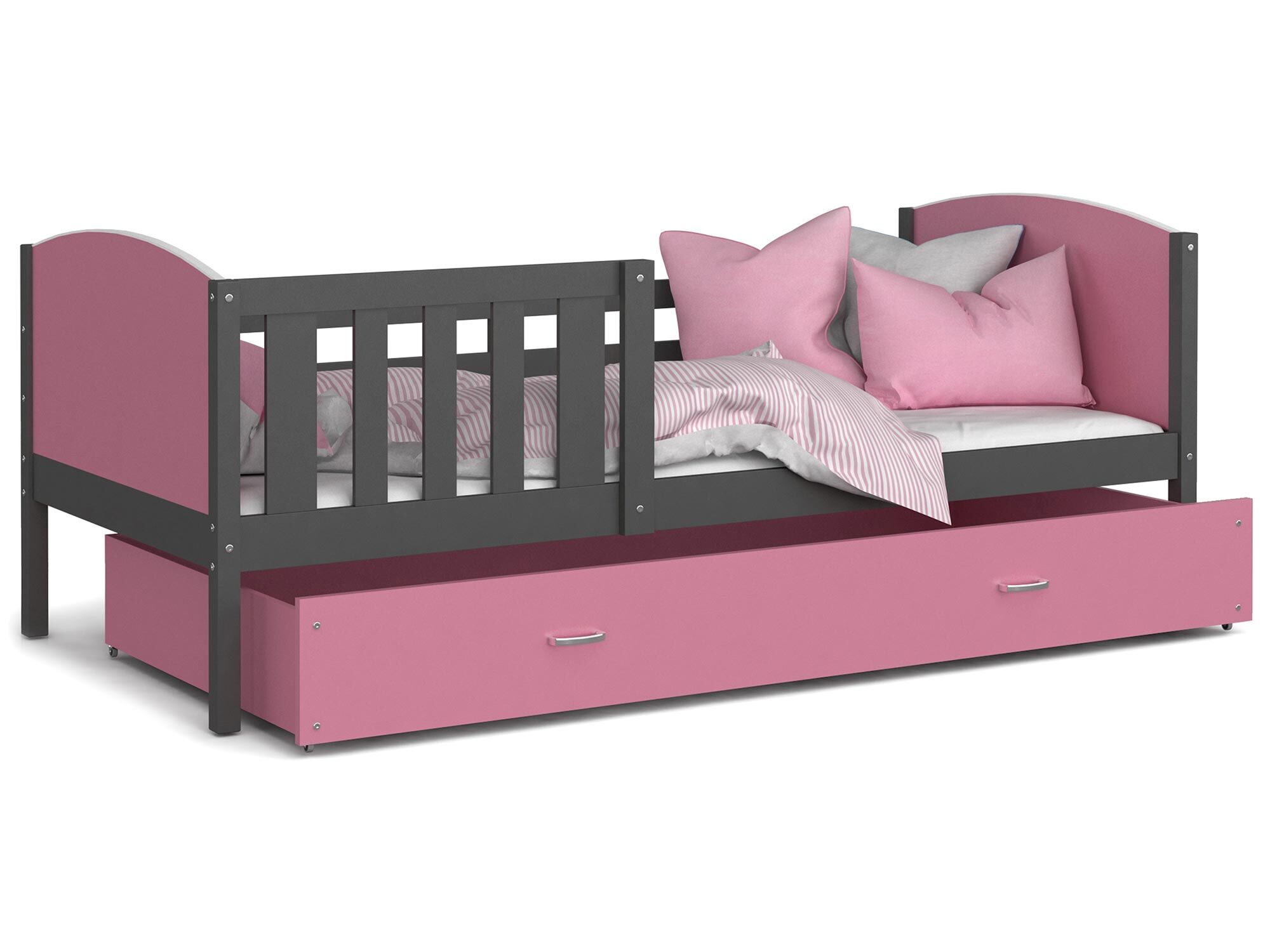Dziecięce łóżko z pojemnikiem na pościel i materacem różowo-szare SONIO P