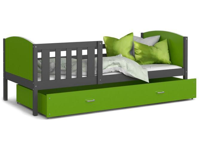 Dziecięce łóżko z pojemnikiem na pościel i materacem zielono-szare SONIO P