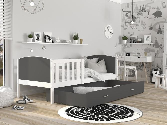 Dziecięce łóżko z pojemnikiem na pościel i materacem szaro-białe inspiracja SONIOP