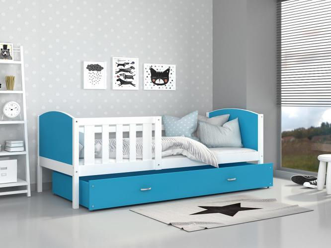 Dziecięce łóżko z pojemnikiem na pościel i materacem niebiesko-białe inspiracja SONIO P
