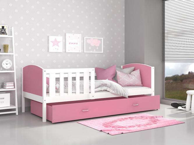 Dziecięce łóżko z pojemnikiem na pościel i materacem różowo-białe inspiracja SONIO P