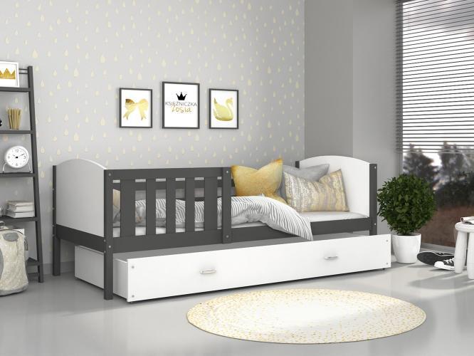 Dziecięce łóżko z pojemnikiem na pościel i materacem biało-szare inspiracja SONIO P