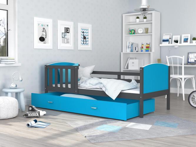 Dziecięce łóżko z pojemnikiem na pościel i materacem niebiesko-szare inspiracja SONIO P