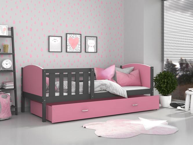 Dziecięce łóżko z pojemnikiem na pościel i materacem różowo-szare inspiracja SONIO P