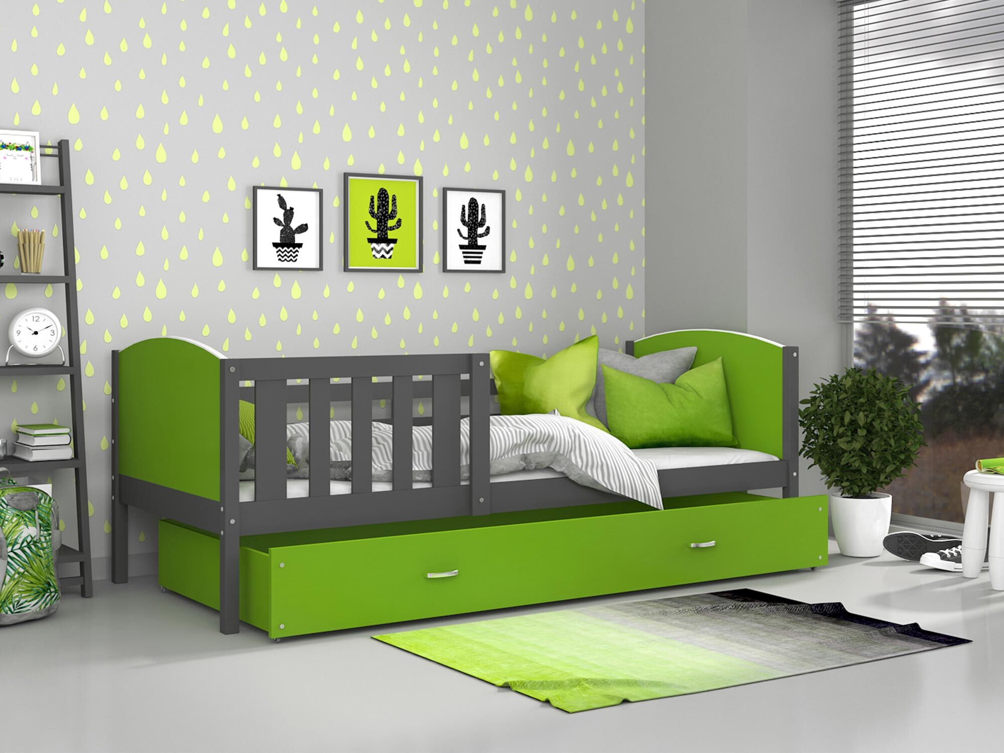 Dziecięce łóżko z pojemnikiem na pościel i materacem zielono-szare inspiracja SONIO P