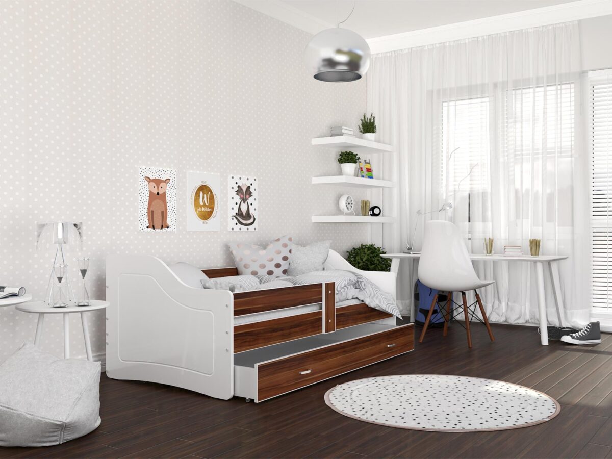 Łóżko parterowe z szufladą na pościel biały dąb aranżacja SWING Łóżko parterowe z szufladą na pościel biały dąb aranżacja SWING