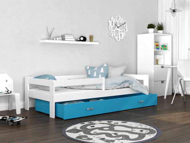 Łóżko pojedyncze z barierką dziecięce z pojemnikiem biało niebieskie aranż TACO