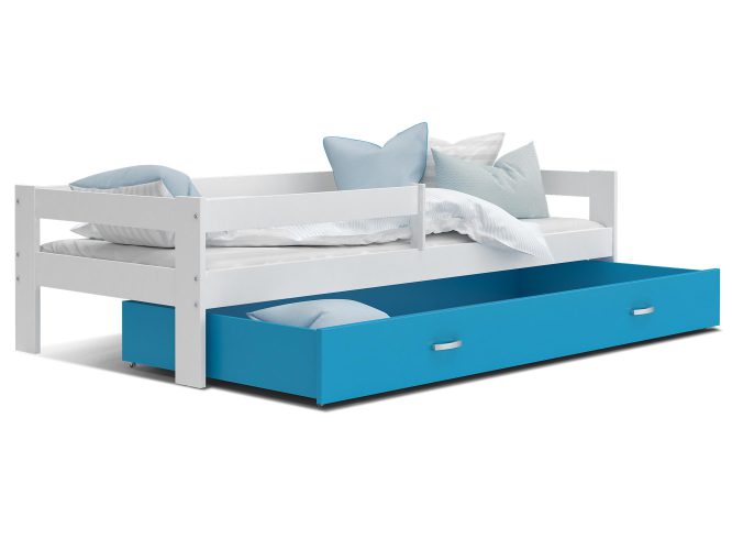 Łóżko pojedyncze z barierką dziecięce biało niebieskie TACO