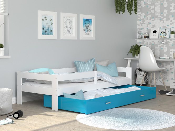 Łóżko pojedyncze z barierką dziecięce z pojemnikiem biały niebieski TACO