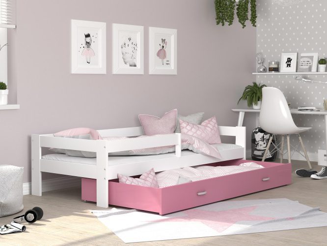 Łóżko pojedyncze z barierką dziecięce z pojemnikiem biało różowe aranż TACO
