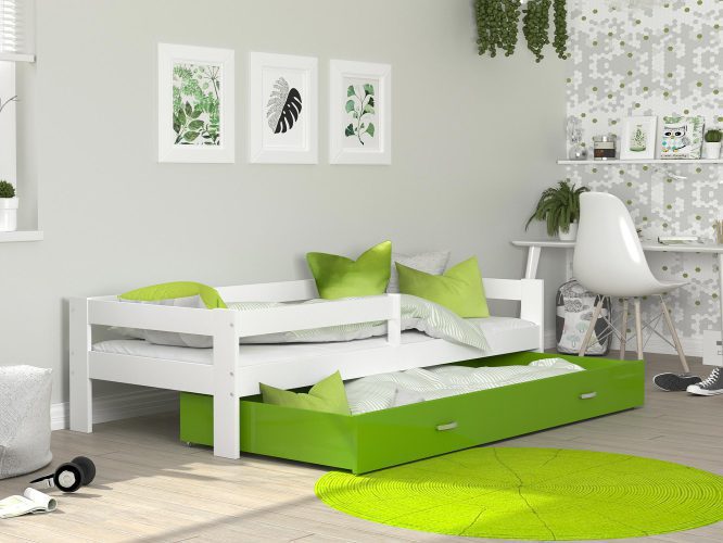 Łóżko pojedyncze z barierką dziecięce z pojemnikiem biało zielone aranż TACO