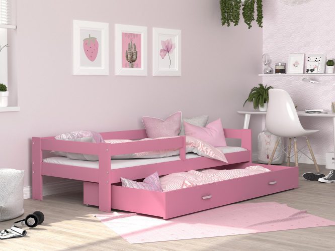 Łóżko pojedyncze z barierką dziecięce z pojemnikiem różowe aranż TACO