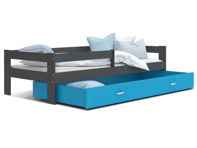Łóżko pojedyncze z barierką dziecięce szaro niebieskie TACO