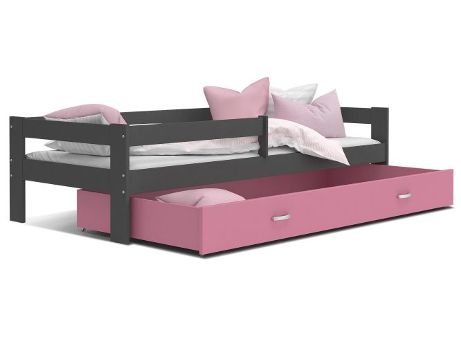 Łóżko pojedyncze z barierką dziecięce szaro różowe TACO