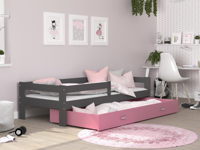 Łóżko pojedyncze z barierką dziecięce z pojemnikiem szary różowy TACO