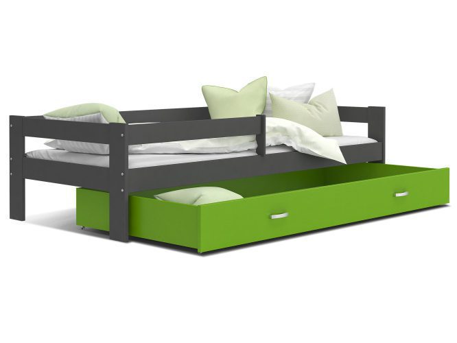 Łóżko pojedyncze z barierką dziecięce szaro zielone TACO