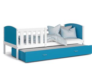 Miniaturka 3 - Niebieskie łóżko z białą barierką do pokoju dziecięcego