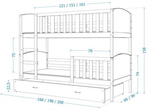 Miniaturka 3 - Rysunek techniczny łóżka piętrowego z pojemnikiem na pościel