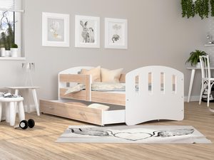 Miniaturka 29 - Białe łóżko z drewnianym frontem i beżowymi poduszkami