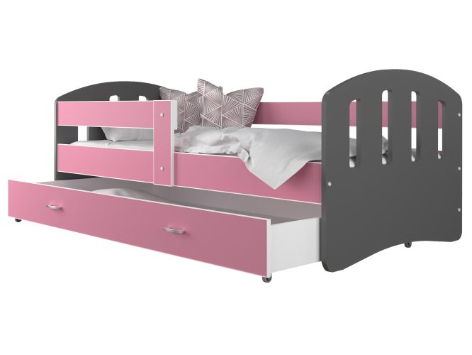 Dziecięce łóżko z szufladą aranżacja szary różowy HAPPY