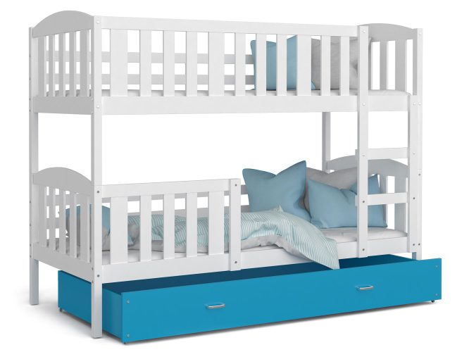 Drewniane łóżko piętrowe z szufladą biało niebieskie VISPO