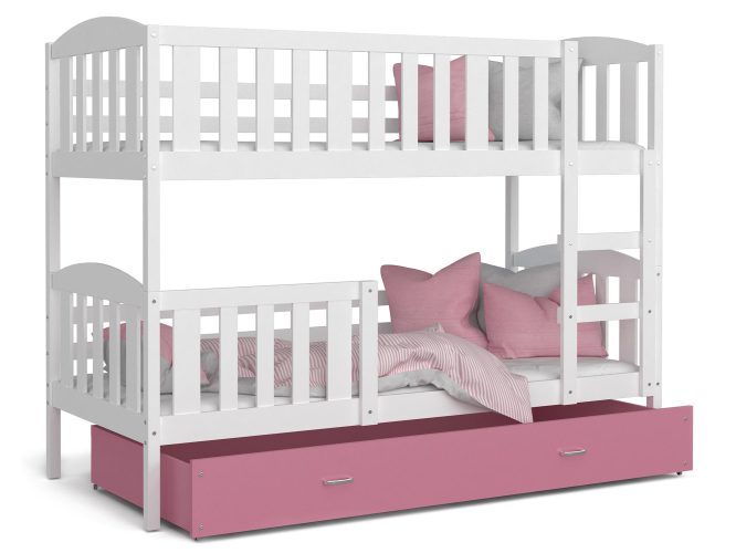 Drewniane łóżko piętrowe z szufladą biało różowe VISPO