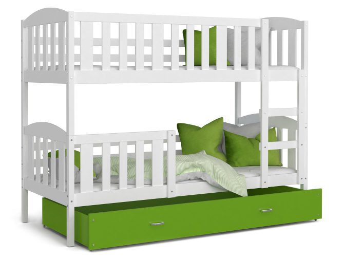 Drewniane łóżko piętrowe z szufladą biało zielone VISPO