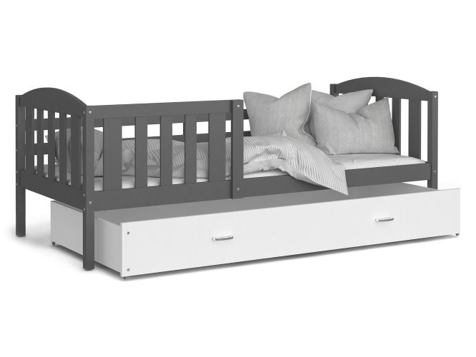 Szaro białe łóżko dla dziecka z wysuwaną szufladą VISPO 2