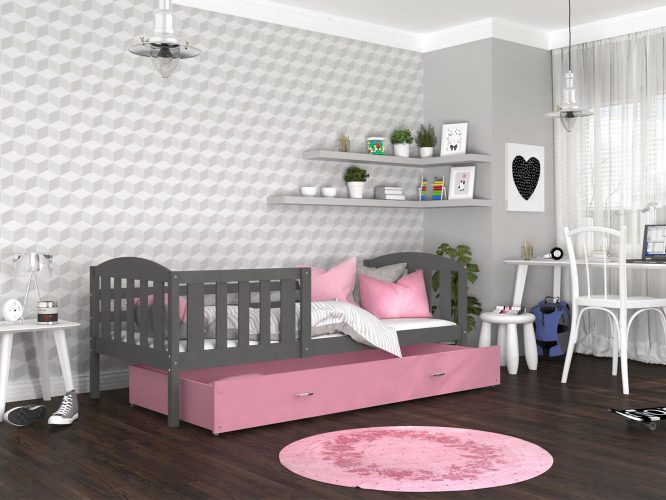 Szaro różowe łóżko z wysuwaną szufladą do pokoju dziecięcego VISPO 2
