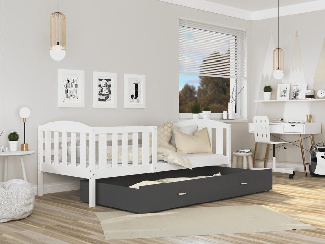 Biało szare łóżko z wysuwaną szufladą do pokoju dziecięcego VISPO 2
