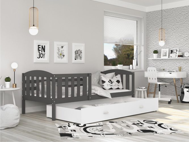 Biało szare łóżko z wysuwaną szufladą do pokoju dziecięcego VISPO 2