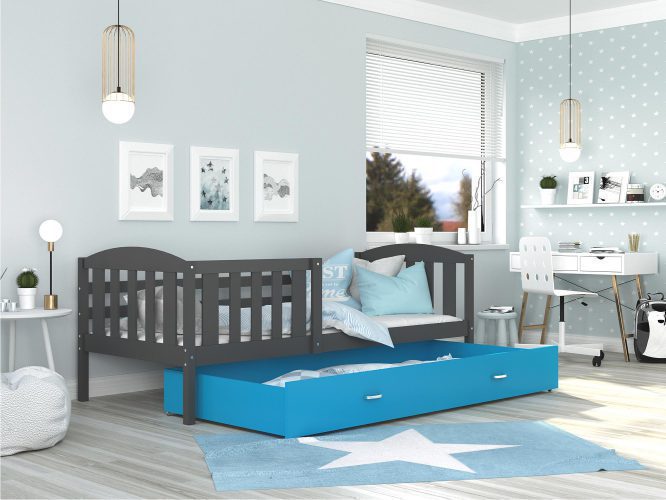Szaro niebieskie łóżko z wysuwaną szufladą do pokoju dziecięcego VISPO 2