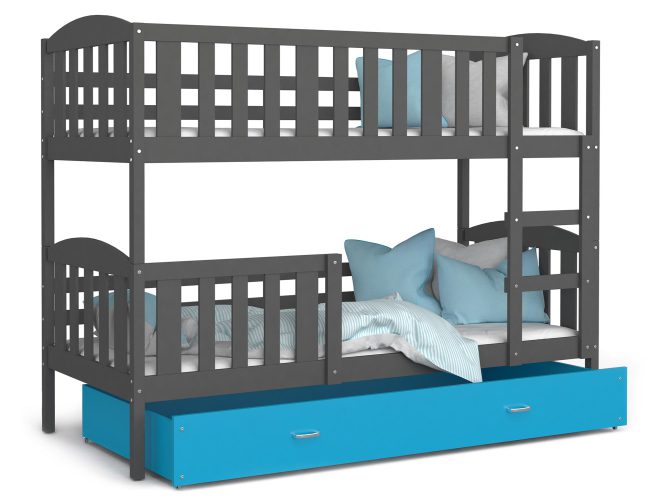 Drewniane łóżko piętrowe z szufladą szaro niebieskie VISPO