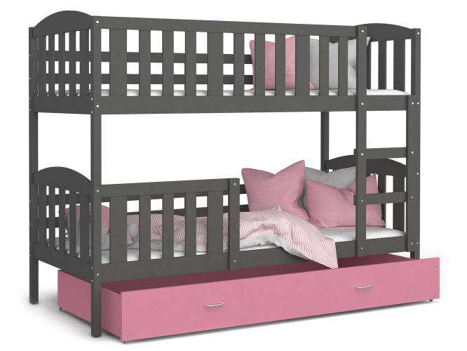Drewniane łóżko piętrowe z szufladą szaro różowe VISPO