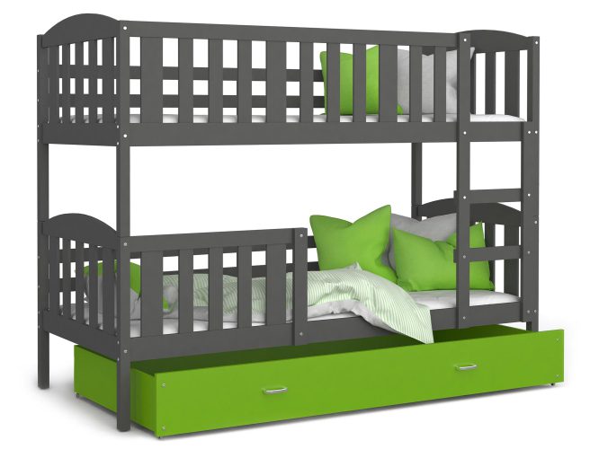 Drewniane łóżko piętrowe z szufladą szaro zielone VISPO