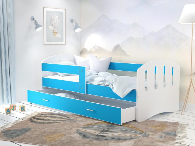 Dziecięce łóżko z szufladą aranżacja biało niebieskie HAPPY