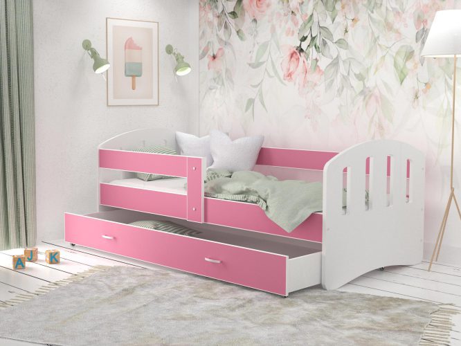 Dziecięce łóżko z szufladą aranżacja biało różowe HAPPY