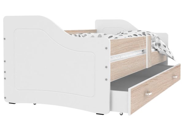 Łóżko parterowe z szufladą na pościel białe dąb sonoma SWING