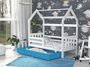 Miniaturka 18 - Łóżko domek z szufladą aranżacja biało niebieskie RICOS 2