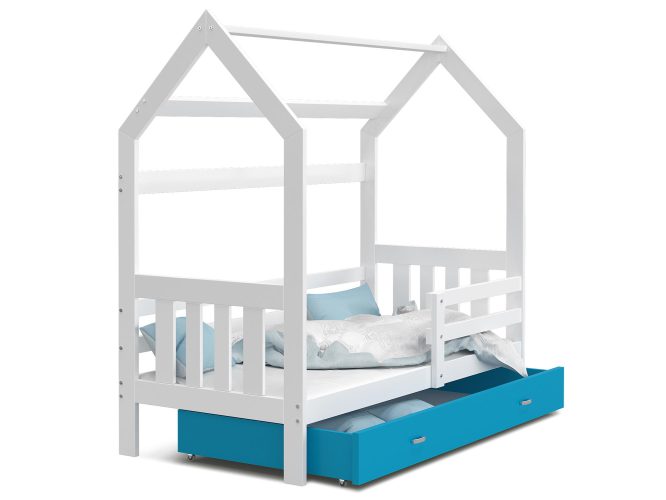Łóżko domek z szufladą biało niebieskie ikonka RICOS 2