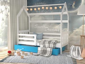 Miniaturka 19 - Łóżko domek z szufladą aranż biało niebieskie RICOS 2