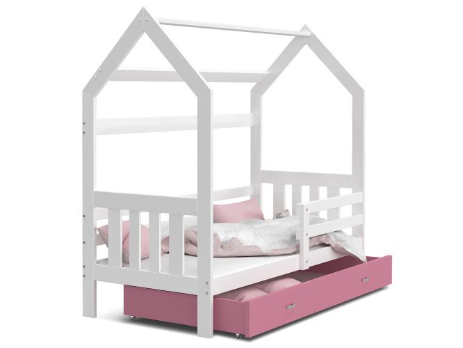 Łóżko domek z szufladą biało różowe ikonka RICOS 2